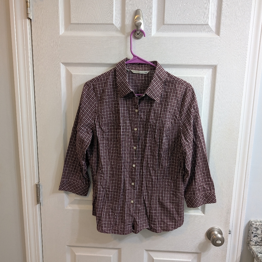 Cutter And Buck Womens Button Down 3/4 Sleeve Collared Plaid Top - Size M